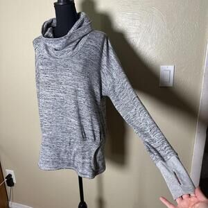 Athleisure Space Dye Knit Cowl Neck Pullover Thumbhole Sleeve Heather Gray Top
